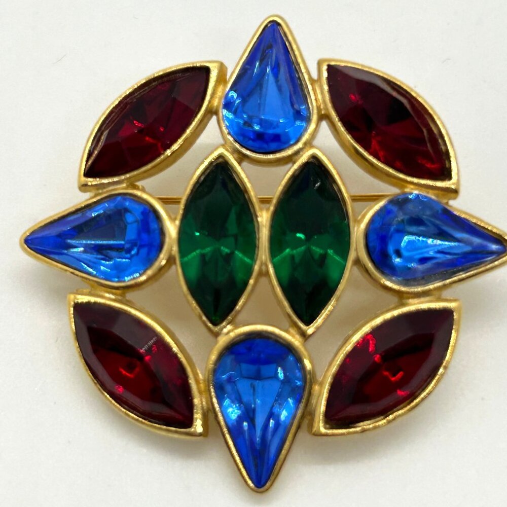 Vintage Gold Tone Multi-Color Brooch Pin Jewel Colored Rhinestone Statement 1990 - Picture 2 of 12